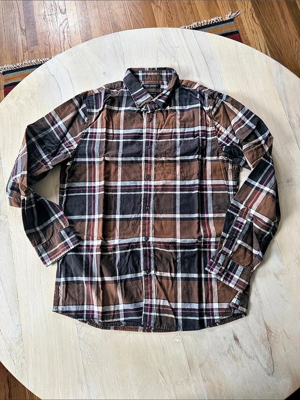 Banana Republic Ultra-Soft Flannel Untucked Slim Fit Plaid Brown & Black Tall